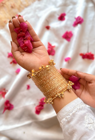Zard Peach Roshna Bangles with Sunehri Ghunghroo Bangles | Rang Barse