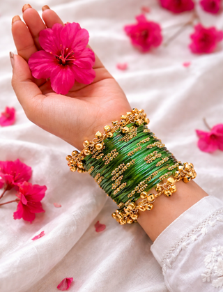 Gulbagh Green Ratnaara Bangles with Sunehri Ghunghroo Bangles | Rang Barse