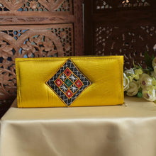 Load image into Gallery viewer, Basanti | Yellow Mashru Silk Clutch with Kutchi Mirrorwork Embroidery | Kutchi Edit June&#39;23
