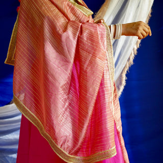 Peachy Pink Golden Stripped Dupatta with Golden Zari Border | Warq October'24