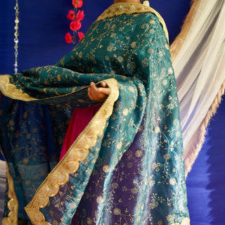 Green Golden Embroidered Dupatta with Golden Zari Border | Warq October'24