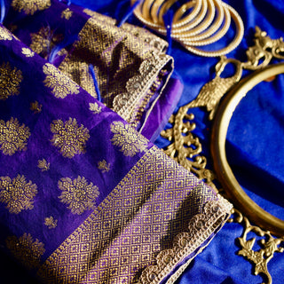 Violet Banarsi Style Dupatta with Golden Zari Border | Warq October'24