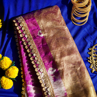 Purple Banarsi Style Dupatta with Golden Zari Border | Warq October'24