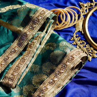 Green Banarsi Style Dupatta with Golden Zari Border | Warq October'24