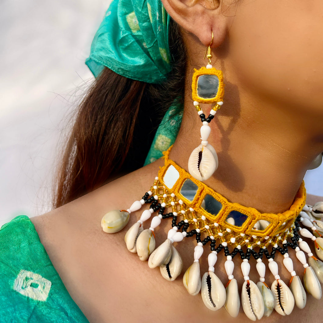 Mina | Jhilmil | Yellow Fabric & Mirrorwork Choker with Earrings| Holi Party