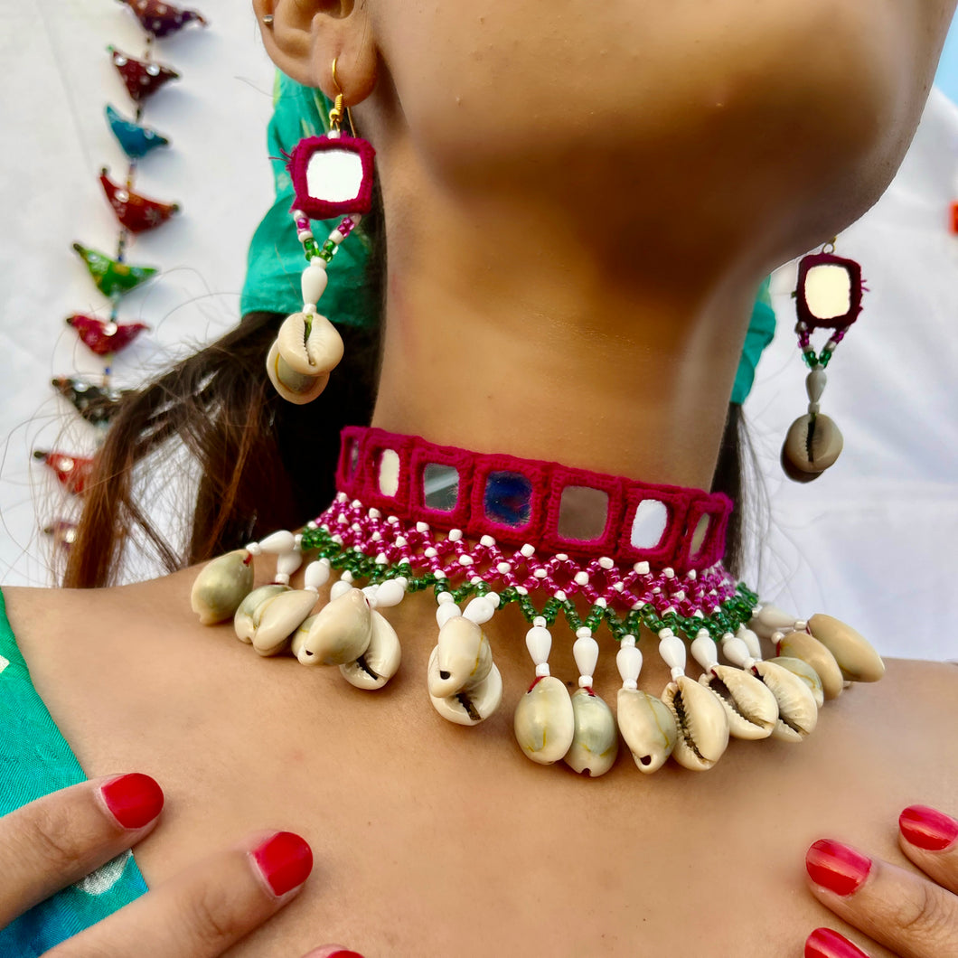 Gul | Jhilmil|  Pink Fabric & Mirrorwork Choker with Earrings| Holi Party