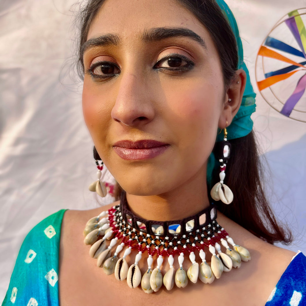 Inaayat | Jhilmil| Black Fabric & Mirrorwork Choker with Earrings| Holi Party