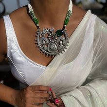 Load image into Gallery viewer, Nakshatra //  Green Stone with White &amp; Green Strings // Statement One of a Pearl String  with Temple Jewellery Style Pendant // OOAK Originals
