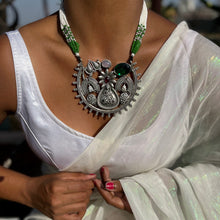 Load image into Gallery viewer, Nakshatra //  Green Stone with White &amp; Green Strings // Statement One of a Pearl String  with Temple Jewellery Style Pendant // OOAK Originals
