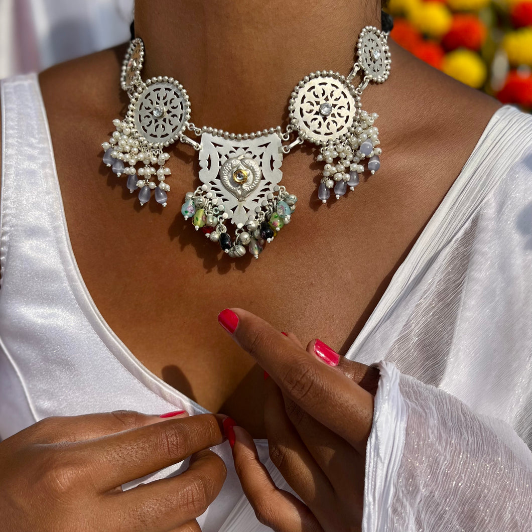 Opalina | One Of a Kind | White Metal Necklaces Laden with Kundan and Stonework  | Viraasat