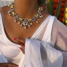 Load image into Gallery viewer, Nandi Aur Chamakte Sitaare - White &amp; Red Stones | Statement Bronze Shaded Pendant Necklace with Pearl Finish | Motiyon Ki Dharohar
